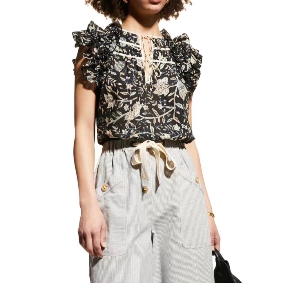 Ulla Johnson Black Floral Ruffle Blouse